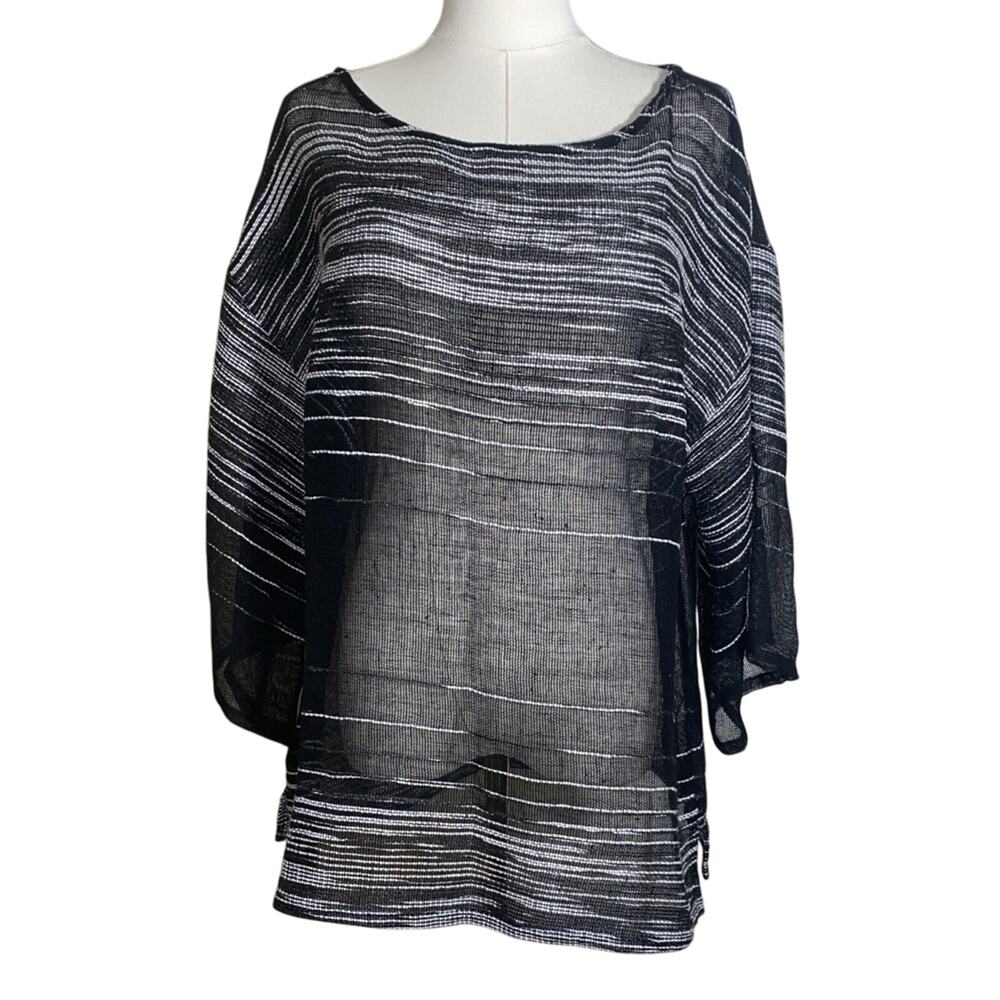 Eileen Fisher Black White Sheer Top Size Medium Organic Linen Blend